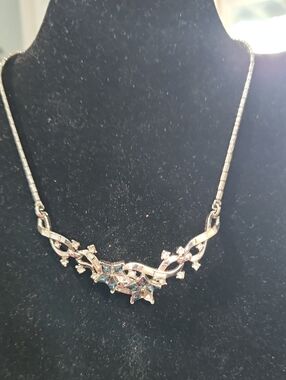 Silver-Tone Floral Crystal Necklace with Blue Accents - 14"